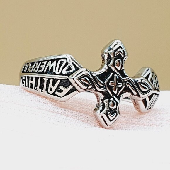 💎 Flame Printed Celtic Pattern Fashion Vintage Corss Ring for Man, INDN8471 - Picture 2 of 3